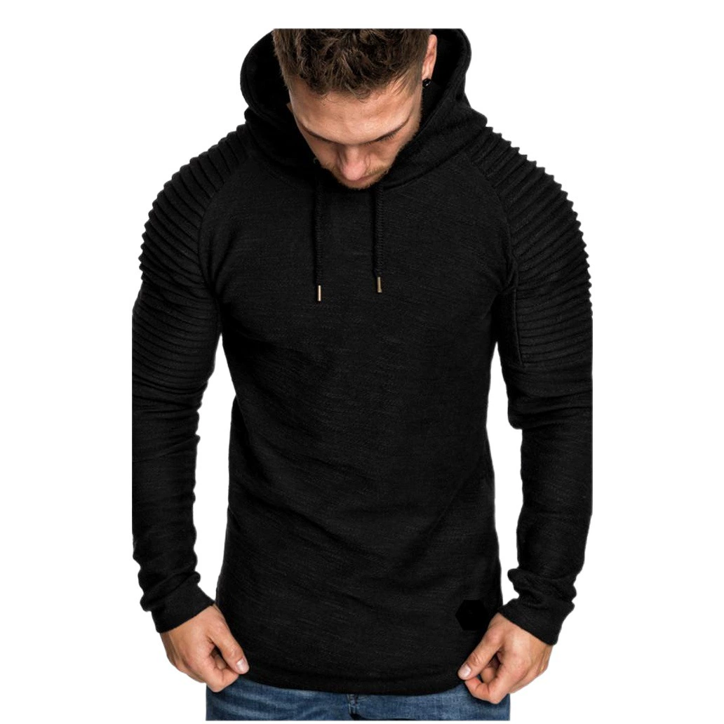 Мужская круглая шея Slim-Fit сплошной цвет с капюшоном с длинными рукавами Толстовка в полоску плиссированные рукав реглан Мужская одежда