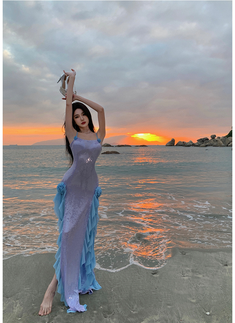 Robe de soirée à paillettes élégante pour soirées en bord de mer_voghion.com