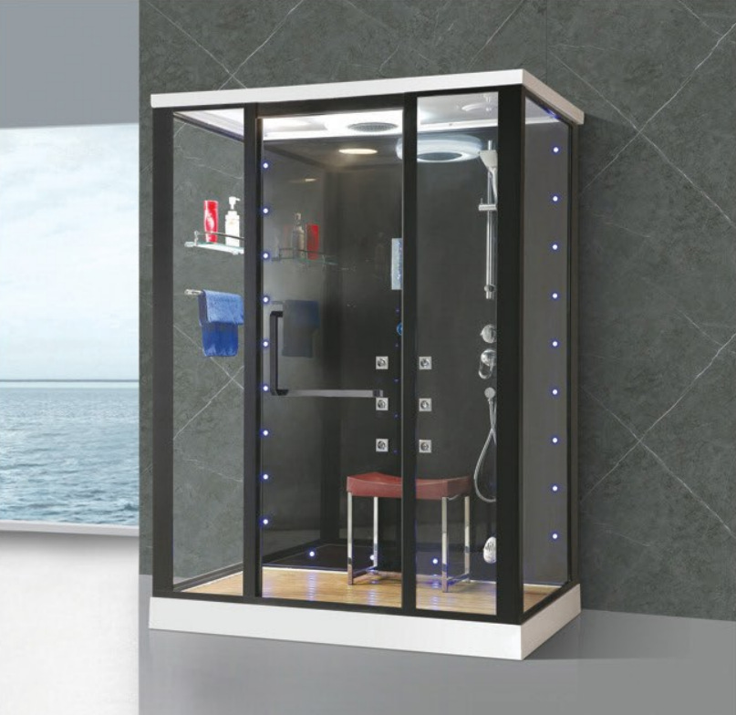 Sala de baño con puerta corredera de vidrio rectangular de una pieza separación húmeda y seca con boquilla de masaje de espalda sala de ducha sala de vapor