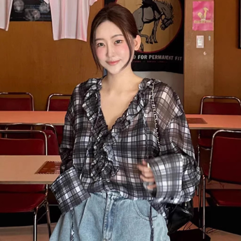 In-Stock Korean Dongdaemun Stylish Queen Fashion Lace-Up Ruffled Large V-Neck Plaid Slightly Sheer Shirt