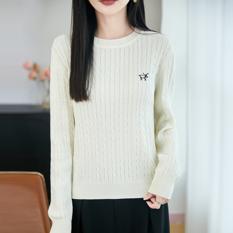 Cross-border 100% pure cotton knitted sweater for women, autumn and winter, short style, cable knit, petite size, blue, warm base layer