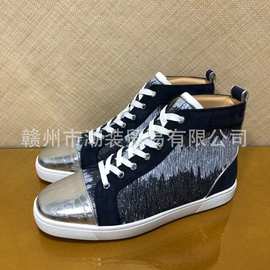 cl andgz男鞋蓝色波浪纹银鞋头高帮红底鞋女鞋情侣板鞋运动休闲鞋