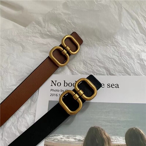 Korean style belt for women summer new brown chic hidden buckle retro butterfly round buckle genuine leather decorative belt niche design