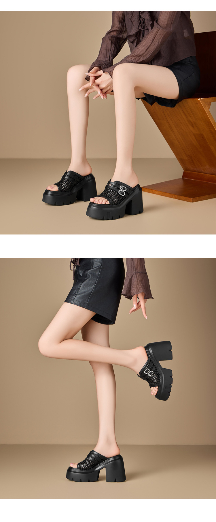 Dép sandal nữ gót vuông đế dày 12 cm phong cách thời trang hở mũi — màu đen chi tiết 4