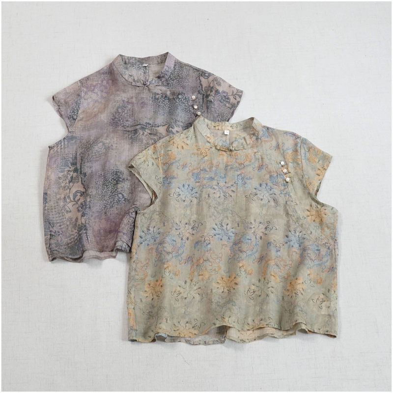Vintage-style digital print ramie shirt with modern Chinese knot buttons, diagonal placket, sleeveless short cheongsam top Vintage-style digital print ramie shirt with modern Chinese knot buttons, diagonal placket, sleeveless short cheongsam top
