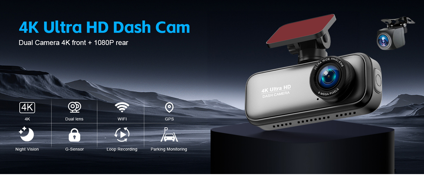 4K Dual Lens Dash Cam HD Wide Angle Night Vision WiFi Front Rear