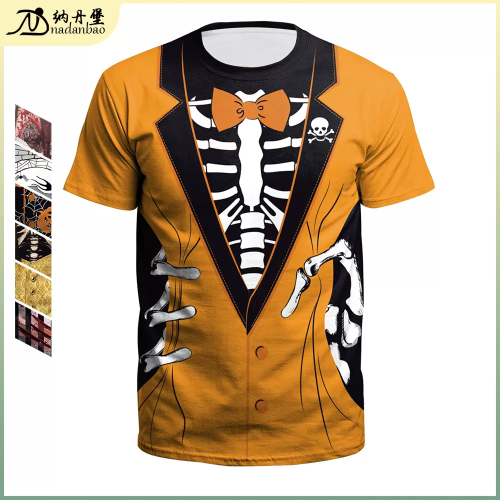 2024夏季新款欧美万圣节骨架数码印花大码T恤短袖情侣装一件代发