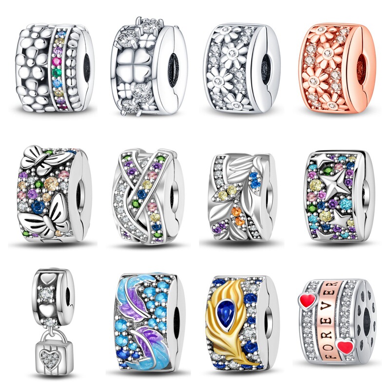 European and American Cross-Border Popular Original Charm Feather Four-Leaf Clover Buckle Fixed Clip DIY Jewelry Bracelet Accessories Silver-Plated