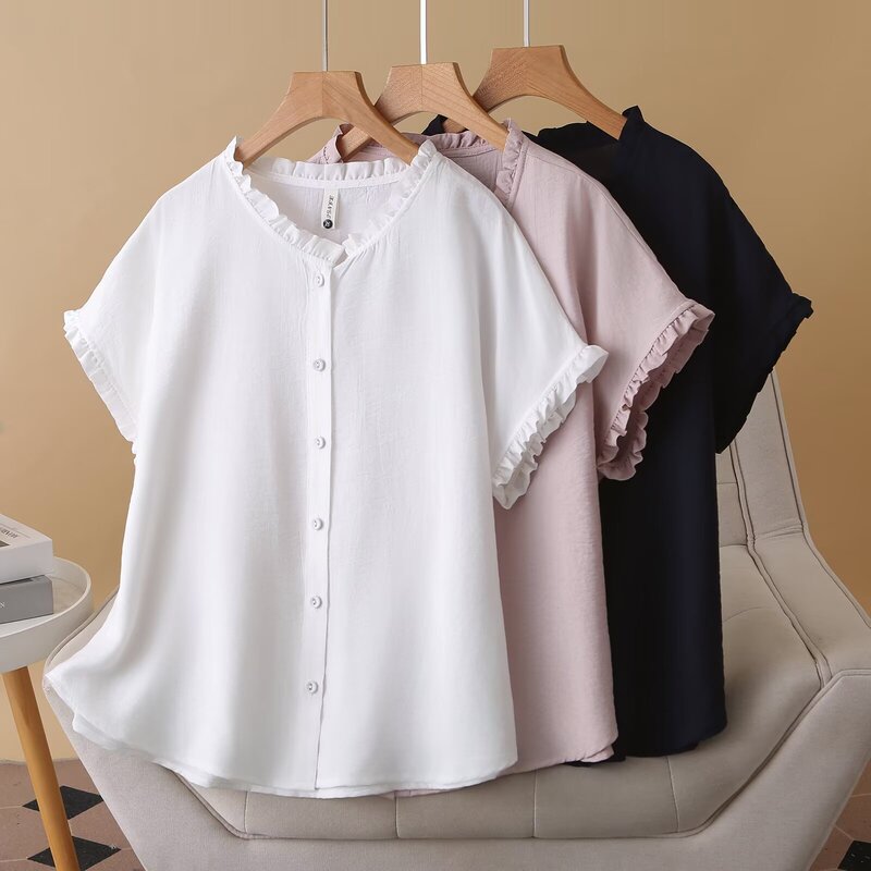 Plus-Size Women's Short-Sleeve Shirt with Lace Collar, Stylish Cardigan, 2025 Summer Versatile Shirt for Stylish Plus-Size Women 2548