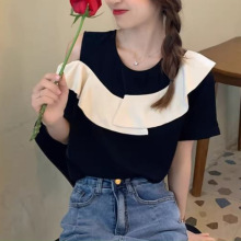 荷叶边露肩短袖小衫衬上衣新款法式黑色拼接感雪纺衫女2025年夏季