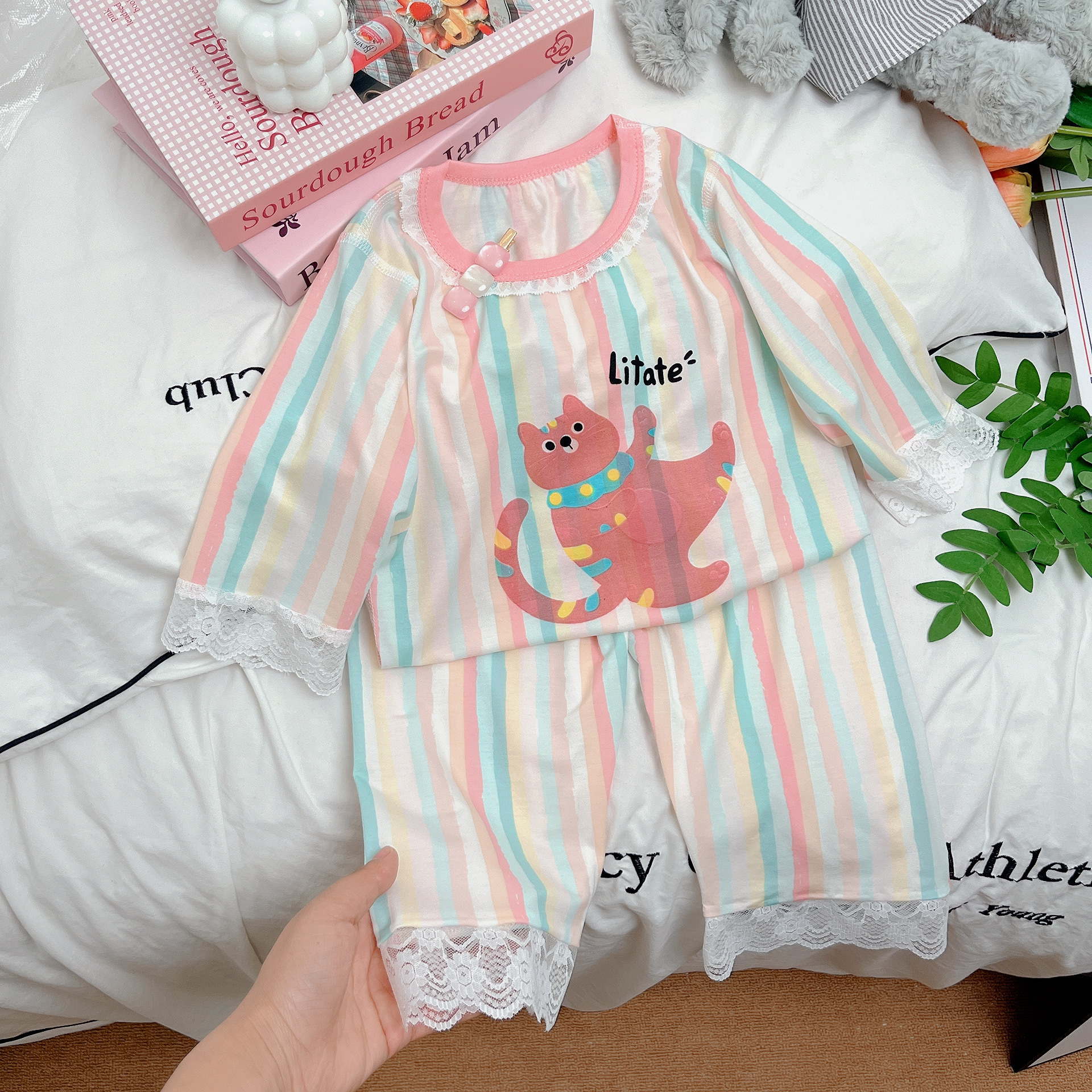 Pijamas para niños, traje de manga tres cuartos de Yasser, ropa de aire acondicionado para bebés de encaje fino de verano