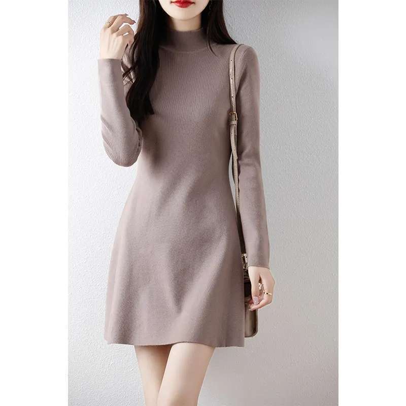 2026 Autumn and Winter New Mid-Length Imitation Cotton Dress for Women, Half-High Collar, Long-Sleeved, Waist-Cinching, Solid Color Dress