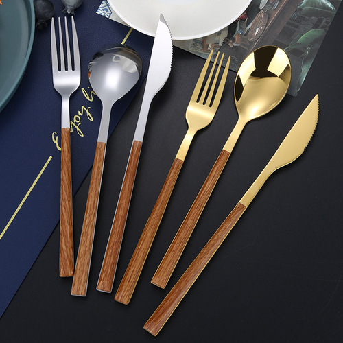 Stainless steel imitation wood grain Korean style handle knife and fork spoon dessert spoon and fork tableware set hotel retro western tableware set