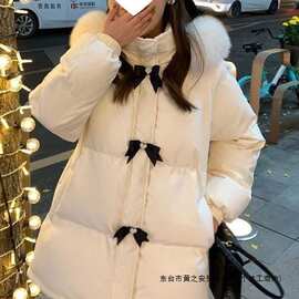 2025冬季大毛领连帽白色羽绒棉服外套女毛领棉袄感日系温柔潮