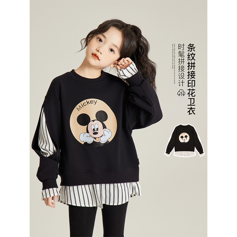 Amybaby Girls Top Autumn 2024 New Cartoon Mickey Stitching Striped Shirt Round Neck Pullover Sweatshirt