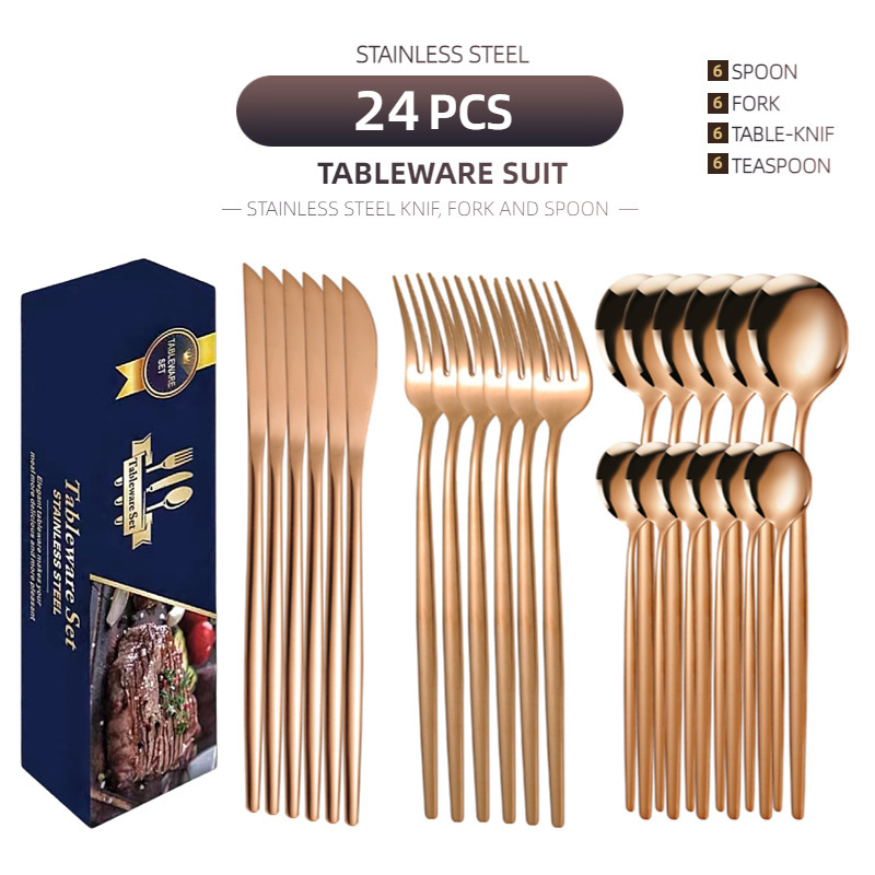 国境を越えたアマゾンポルトガルステンレス食器チタンメッキ金色ギフトボックス品ステーキナイフフォークスプーン24点セット|undefined