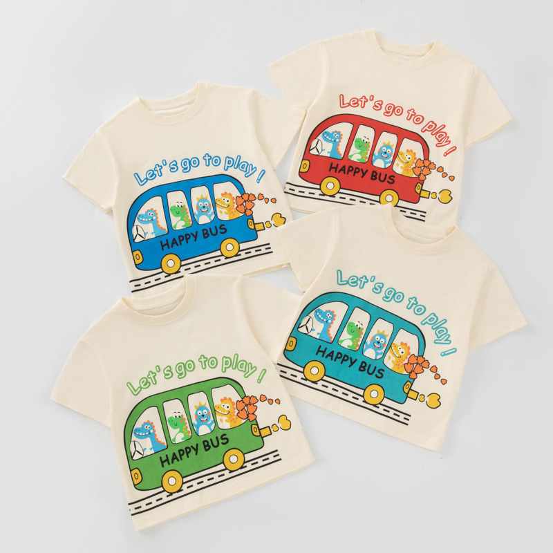 Betop nueva ropa para niños coreanos verano nuevo producto bus dinosaurio para hombres y bebés camiseta de manga corta al por mayor