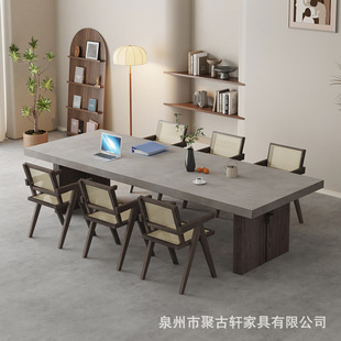 北欧复古实木办公桌仿水泥色长条会议桌个性创意大型洽谈办公书桌-阿里巴巴