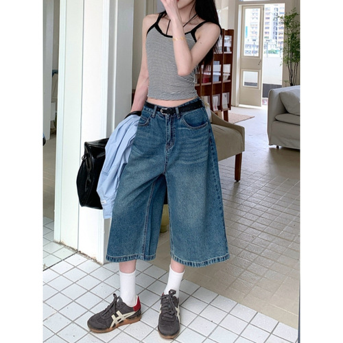 Vintage Cowboy Women's Summer Thin High-Waisted Loose Slimming Plus Size Straight Leg Wide Leg Over-Knee Seven-Eighth Pants