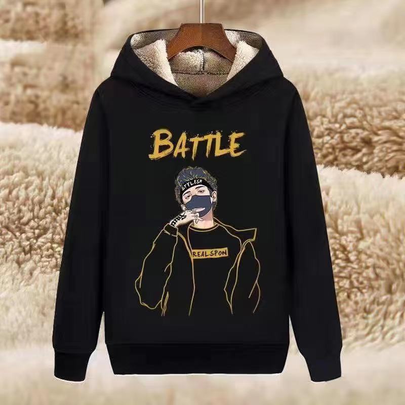 Lambswool hooded sweater men's fleece-lined thickened autumn and winter plus size loose student sweater men's pullover jacket