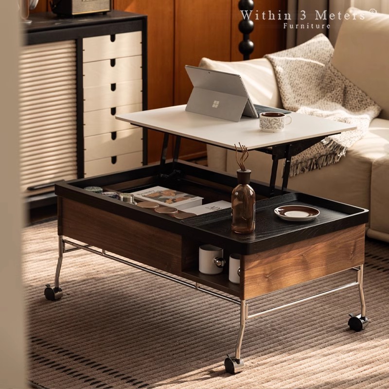 Mesa de centro de tablero de roca de elevación móvil Mesa lateral plegable Sala de estar Multifuncional Estilo antiguo Sofá de madera maciza Gabinete lateral Moderno y simple