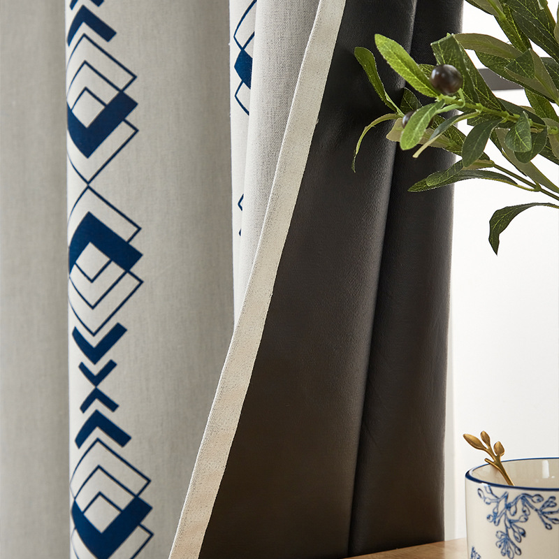 Cortinas blackout completas de algodão e linho retrô azul floral_voghion.com