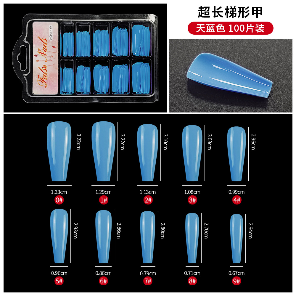 Uñas de ballet extra largas de color caramelo, 100 piezas en una pequeña caja azul con blíster, caja transparente, puntas de uñas trapezoidales con forma de ataúd.