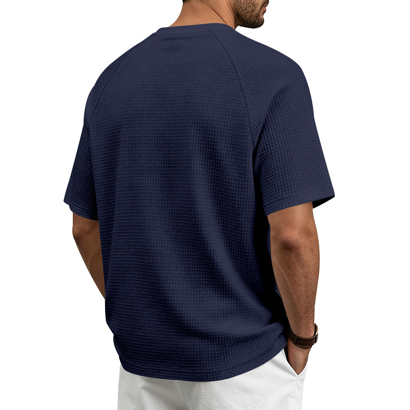 Men's Waffle Knit Short Sleeve T-Shirt, Breathable Textured Cotton-Like Fabric, Relaxed Fit Casual Tee For Summer_viptrois.com