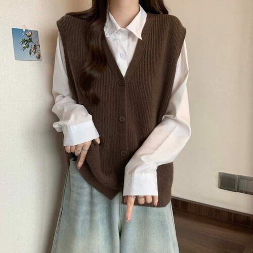 Chic Youthful V-Neck Knit Vest Outerwear for Women Autumn/Winter Plus Size Fat Sister Versatile Elegant Slimming Solid Color Top
