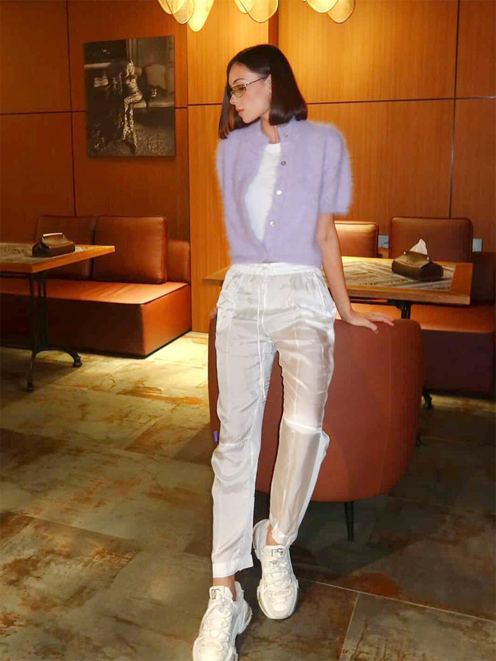 Áo cardigan dệt kim tay ngắn cổ bán cao ôm dáng phong cách retro — Màu hồng, Màu hồng cánh sen, Màu trắng, Màu tím chi tiết 28