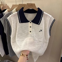 韓国レースラペル刺繍アイスシルクニット半袖Tシャツレディース夏新作ゆったり万能ポロシャツトップ