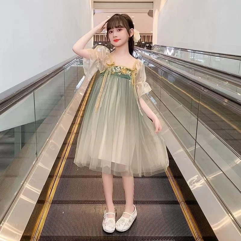 Платье Hanfu для девочек 2023 Новое летнее платье Детское платье принцессы из суперфеи с клейким рисом Летнее платье в национальном стиле для девочек