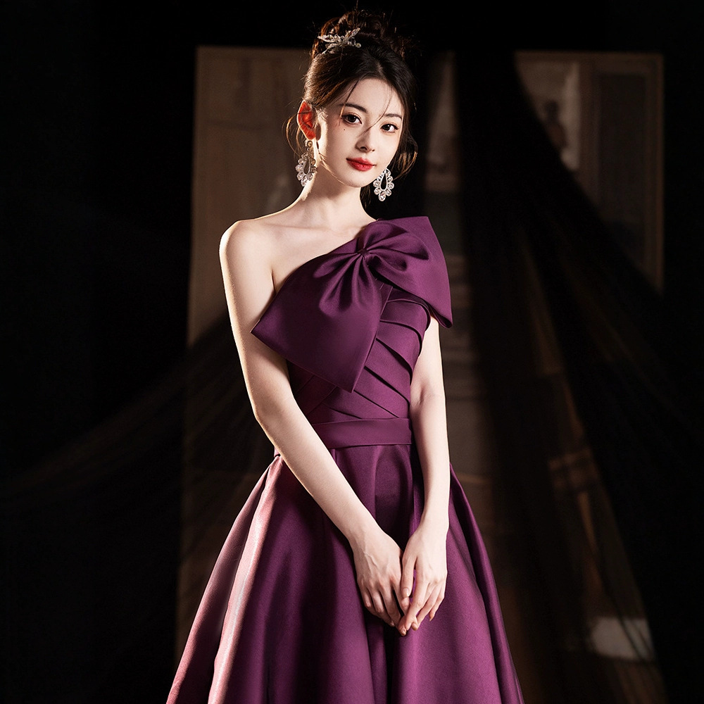 Bow Evening Dress Classy Accessible Luxury Niche Sexy One-Shoulder Banquet Host Dress Art Exam Performance Graduation
