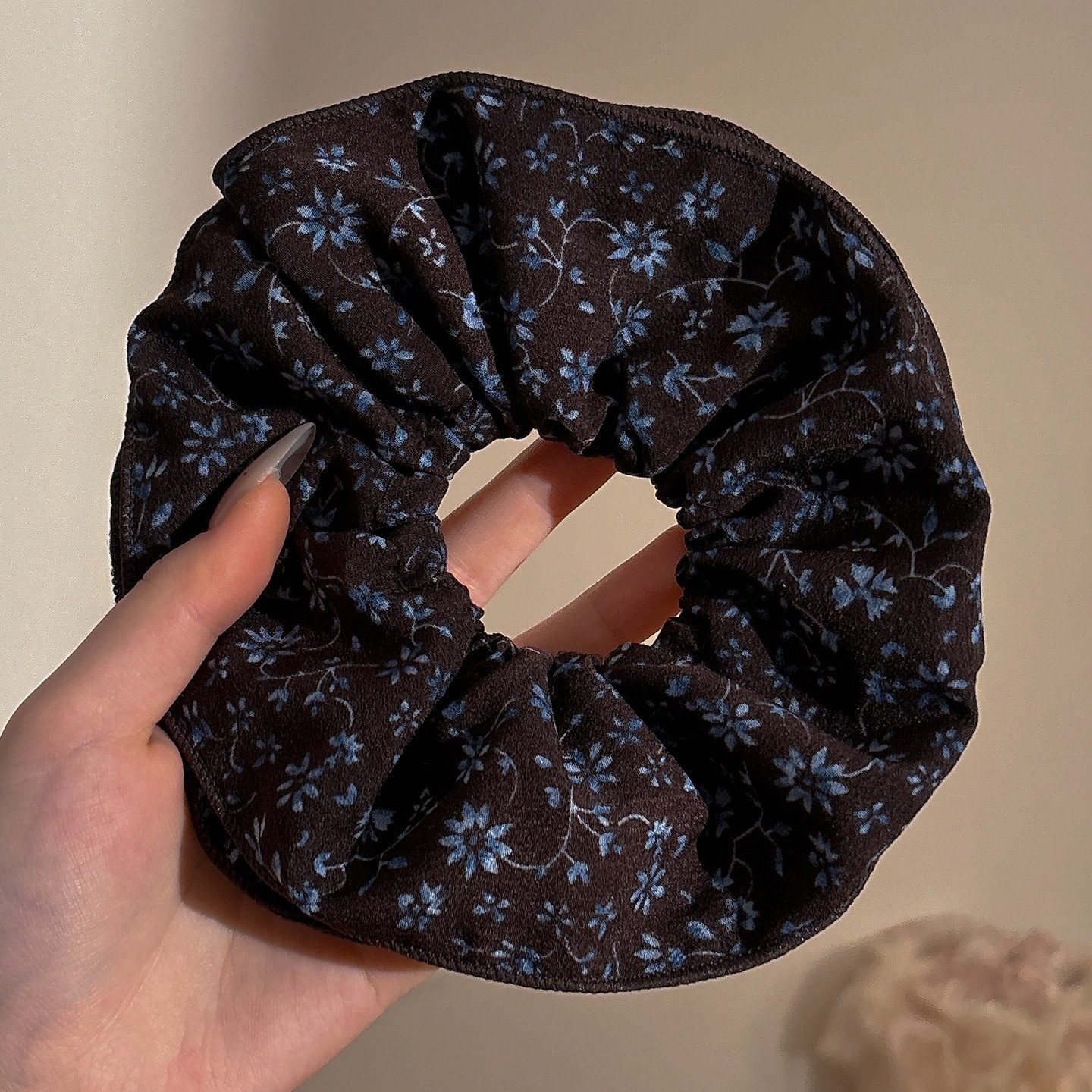 3# brown retro navy blue floral four-layer enlarged hair tie about 16cm