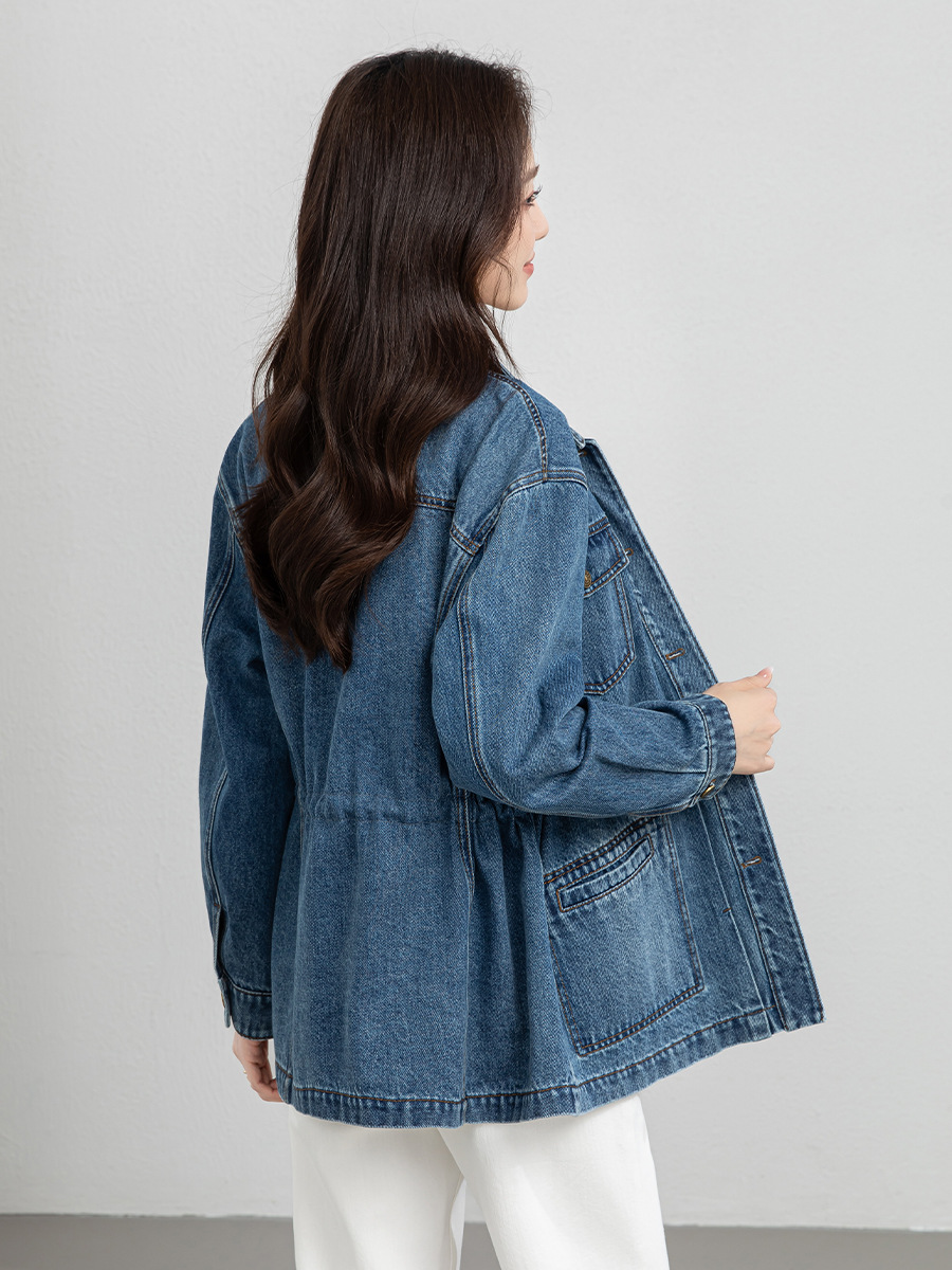 Áo khoác denim dáng dài phong cách workwear Mỹ cổ điển, form rộng thoải mái — xanh lam