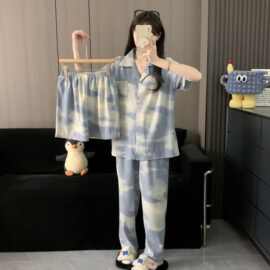 2025新款可爱睡衣女夏季韩版ins风可外穿家居服云朵棉短袖三件套