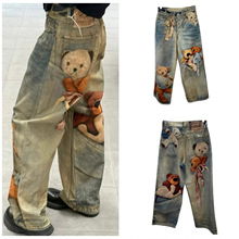 蓝光级别印花顶级品质男女同款童趣小熊印花直筒牛仔裤25秋冬新款
