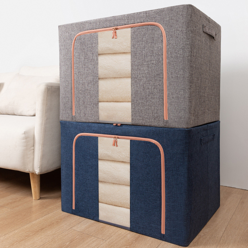 Caja de almacenamiento de algodón y lino doméstico, tela plegable, marco de acero, caja de almacenamiento de ropa, caja de acabado de gran capacidad, tamaño súper grande