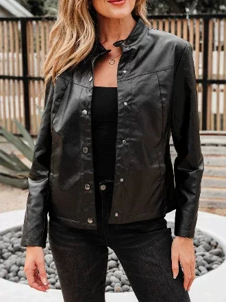Early Autumn European and American Plus-Size Women's Clothing, Short Pu Leather Jacket with Stand Collar, Slim-Fit, Long-Sleeved, Casual Faux Leather Coat