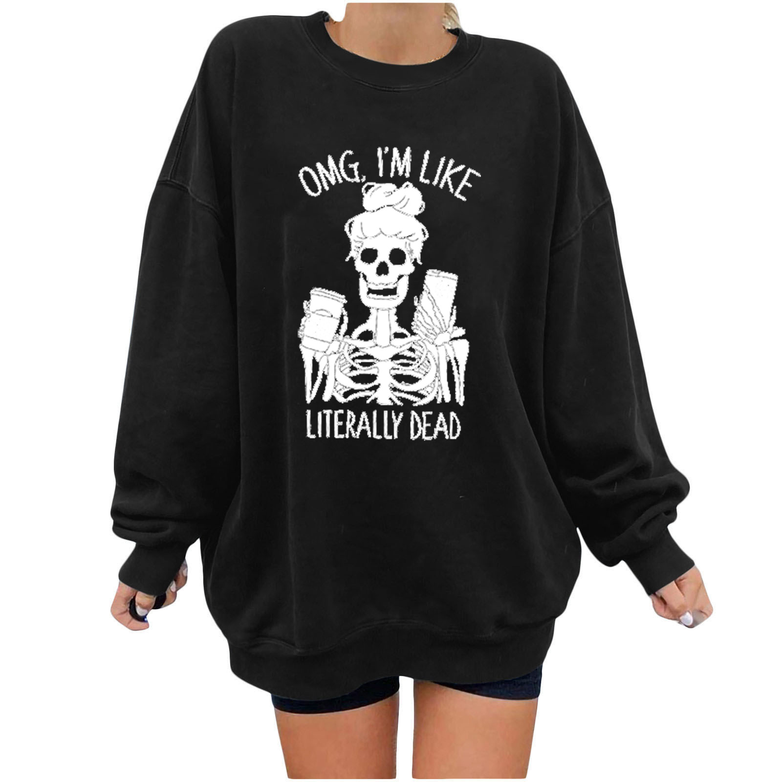 Skull Print Women's Sweatshirt Oversized Drop Shoulder Pullover_voghion.com
