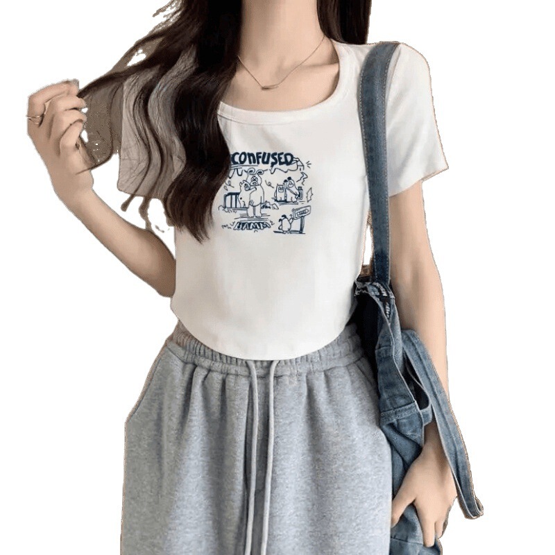 ヨーロッパ糸ラウンドネック半袖Tシャツレディース夏新作鎖骨ユニークでシックなスリムトップ半袖Tシャツイン|undefined