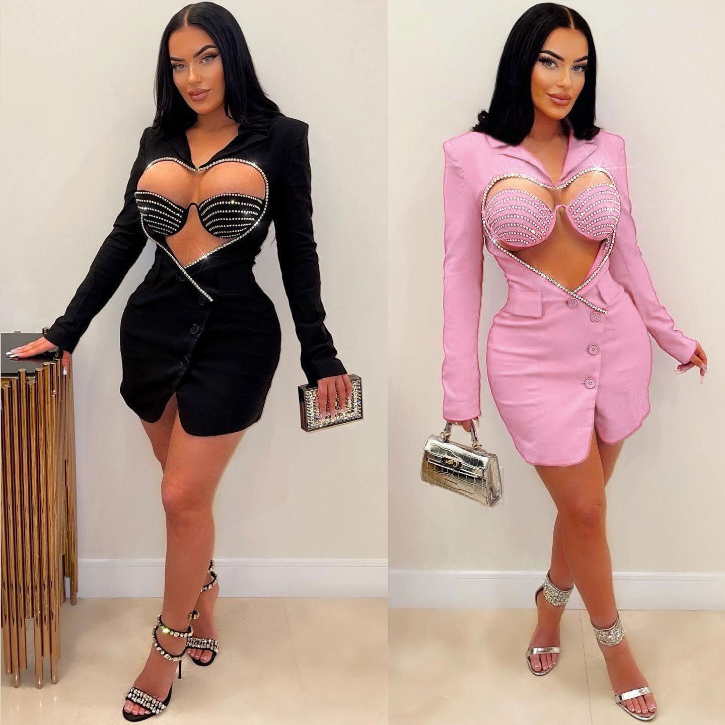 Women's Clothing Slim Fit Two Piece Set Style Sexy Solid Color Bodycon Suit With Rhinestone Heart Shaped Design For Women_voghion.com