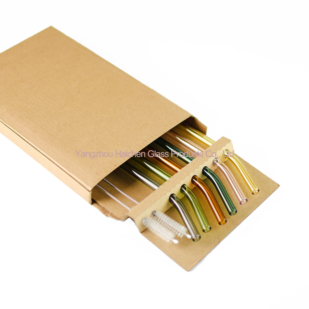 Amazon Venta caliente manchado traje de paja vidrio protección ambiental resistente al calor bebida leche codo 0,8*20cm6 tubo 2 Cepillos