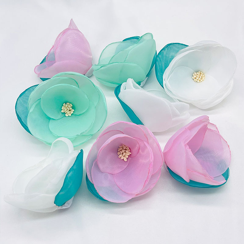 烧边网纱山茶花布艺花儿童配件腕花鞋帽服装花朵辅料发饰花朵发饰