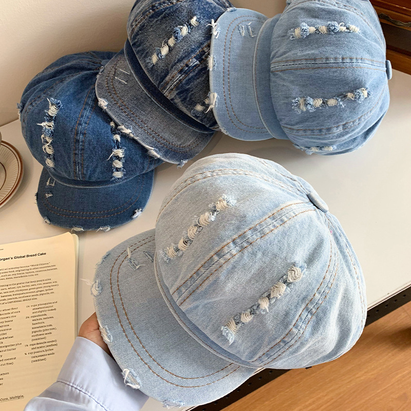 Denim coreano lavado hace vieja boina agujero mujer verano delgada cabeza grande sombrero de nubes pequeño sombrero de cara pequeña