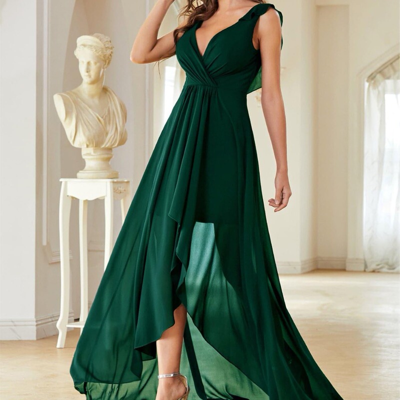 V-neck chiffon evening dress ebay new chest pleated backless front short back long dance dress party dress bridesmaid dress