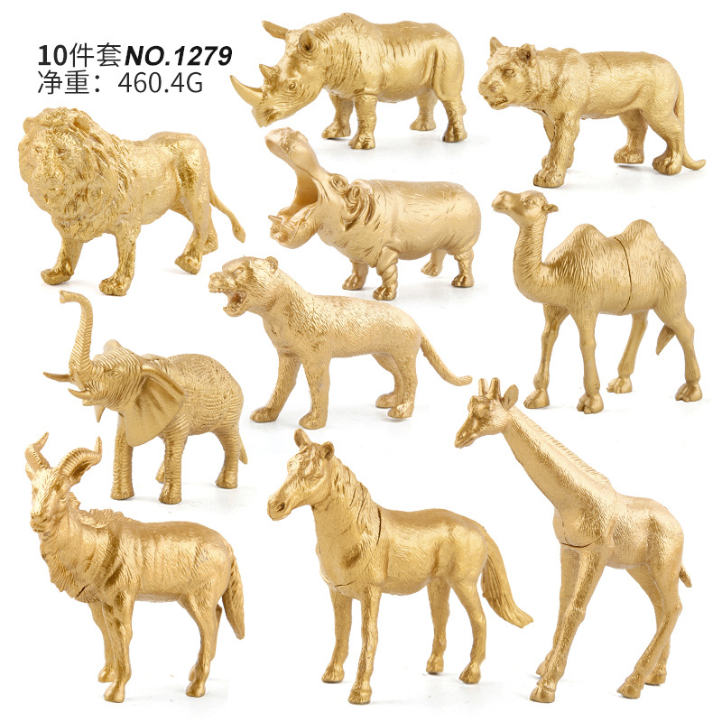 Exportación transfronteriza de oro bosque animal adornos juguetes de simulación girafa dorada leones rinocerontes caballos adornos estáticos