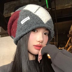 韩系棱形拼色针织堆堆帽女秋冬保暖护耳冷帽大头围显脸小包头帽子