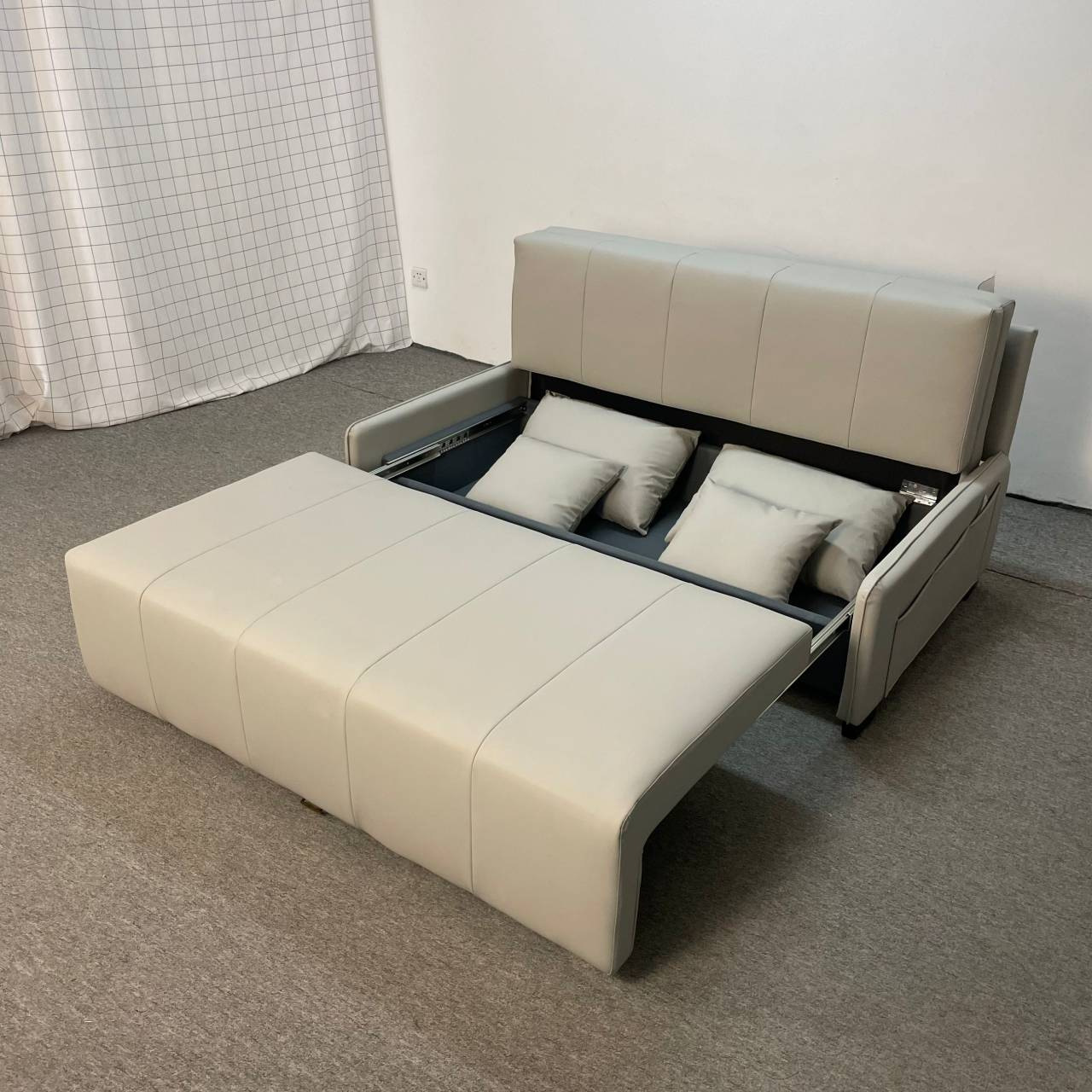 Sofá cama plegable de doble uso pequeño apartamento de sala de estar almacenamiento multifuncional látex sofá de piel triple persona
