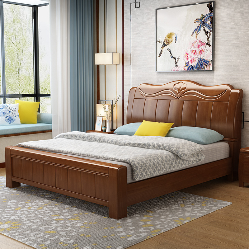 Solid wood bed 1.8 meters 1.5m single and double wedding bed Modern simple economy home hotel bedroom bedroom furniture